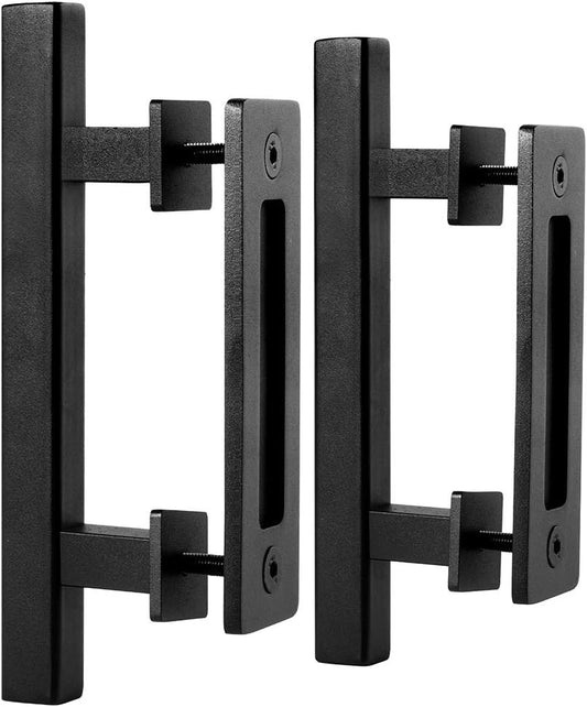 2 Pack of 10" Heavy Duty Rustic Matte Black Sliding Barn Door Pull Handles with Flush Hardware - Double Sided, Easy to Install Square Design