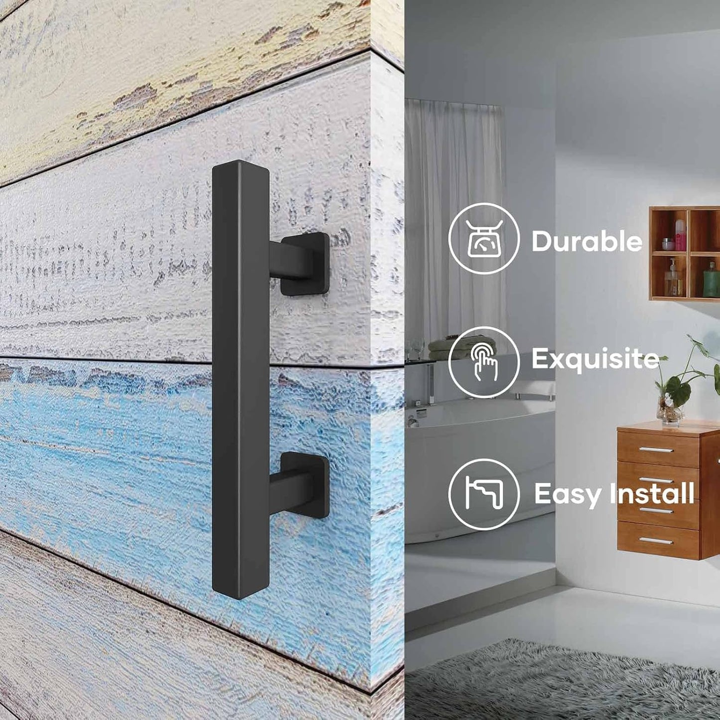 2 Pack of 10" Heavy Duty Rustic Matte Black Sliding Barn Door Pull Handles with Flush Hardware - Double Sided, Easy to Install Square Design