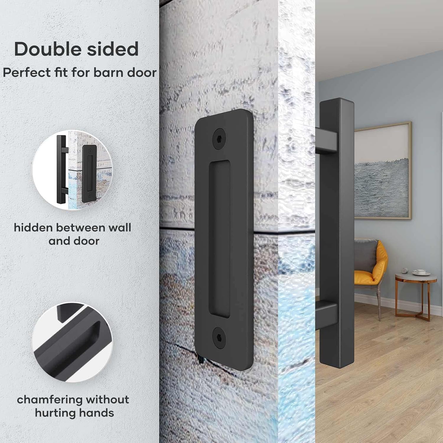 2 Pack of 10" Heavy Duty Rustic Matte Black Sliding Barn Door Pull Handles with Flush Hardware - Double Sided, Easy to Install Square Design