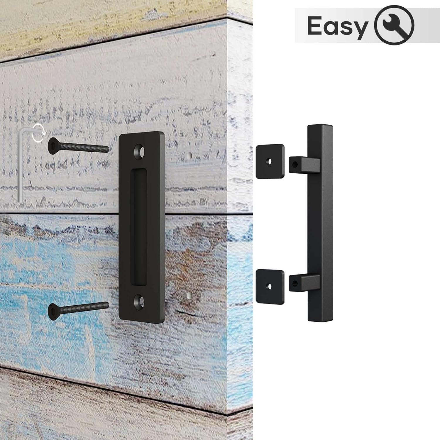 2 Pack of 10" Heavy Duty Rustic Matte Black Sliding Barn Door Pull Handles with Flush Hardware - Double Sided, Easy to Install Square Design