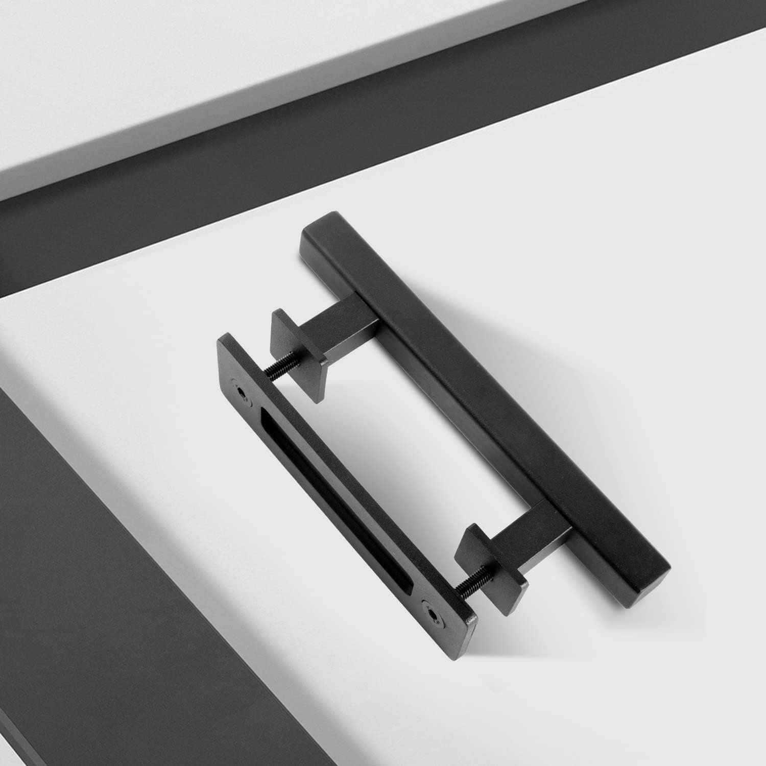 2 Pack of 10" Heavy Duty Rustic Matte Black Sliding Barn Door Pull Handles with Flush Hardware - Double Sided, Easy to Install Square Design