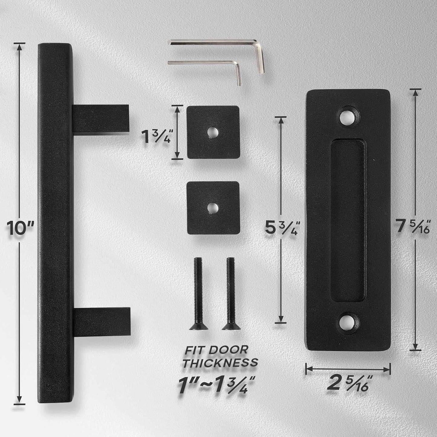 2 Pack of 10" Heavy Duty Rustic Matte Black Sliding Barn Door Pull Handles with Flush Hardware - Double Sided, Easy to Install Square Design