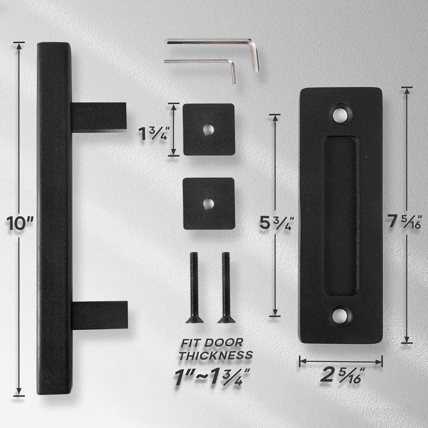 2 Pack of 10" Heavy Duty Rustic Matte Black Sliding Barn Door Pull Handles with Flush Hardware - Double Sided, Easy to Install Square Design