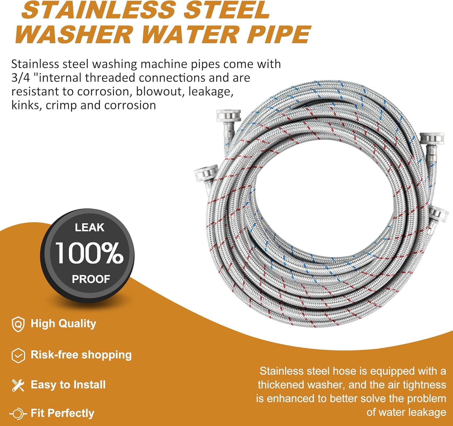 2 Pack of 15 FT Long Washing Machine Hoses for Hot and Cold Water Connections - Universal Fit for Standard Wash Machines by MIFLUS