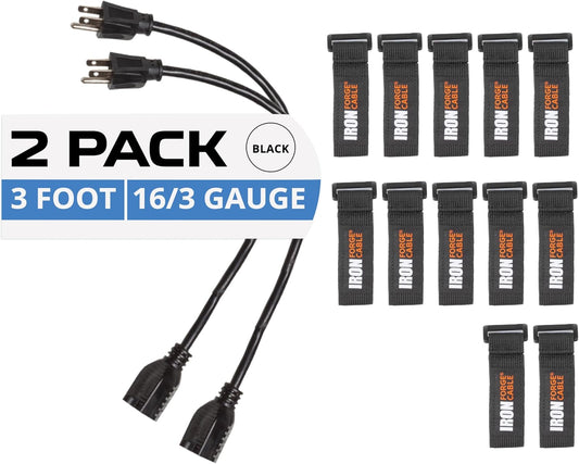 2 Pack of 3 ft Black Outdoor Extension Cords with Cord Wrap Organizer - Heavy Duty Weatherproof Power Cable for Exterior Use, 12pk Storage Straps Included