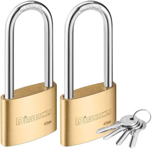 2 Pack of disecu Solid Brass Keyed Padlocks, 1-9/16" Wide Body, 2.5" Long Shackle - Outdoor Waterproof Lock for Shed, Gate, Locker, Fence - Includes Keys
