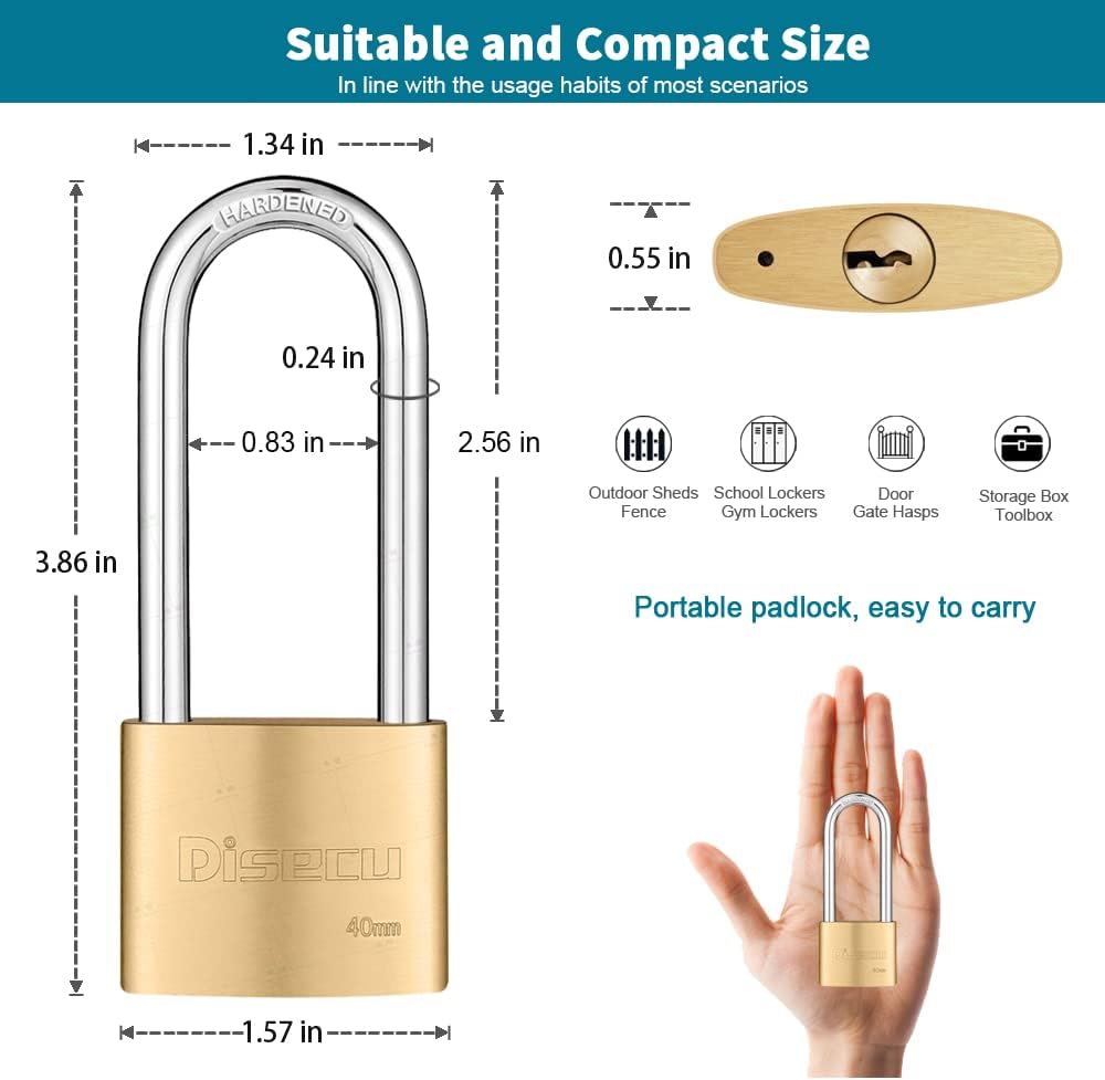 2 Pack of disecu Solid Brass Keyed Padlocks, 1-9/16" Wide Body, 2.5" Long Shackle - Outdoor Waterproof Lock for Shed, Gate, Locker, Fence - Includes Keys