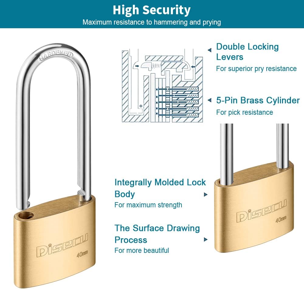 2 Pack of disecu Solid Brass Keyed Padlocks, 1-9/16" Wide Body, 2.5" Long Shackle - Outdoor Waterproof Lock for Shed, Gate, Locker, Fence - Includes Keys