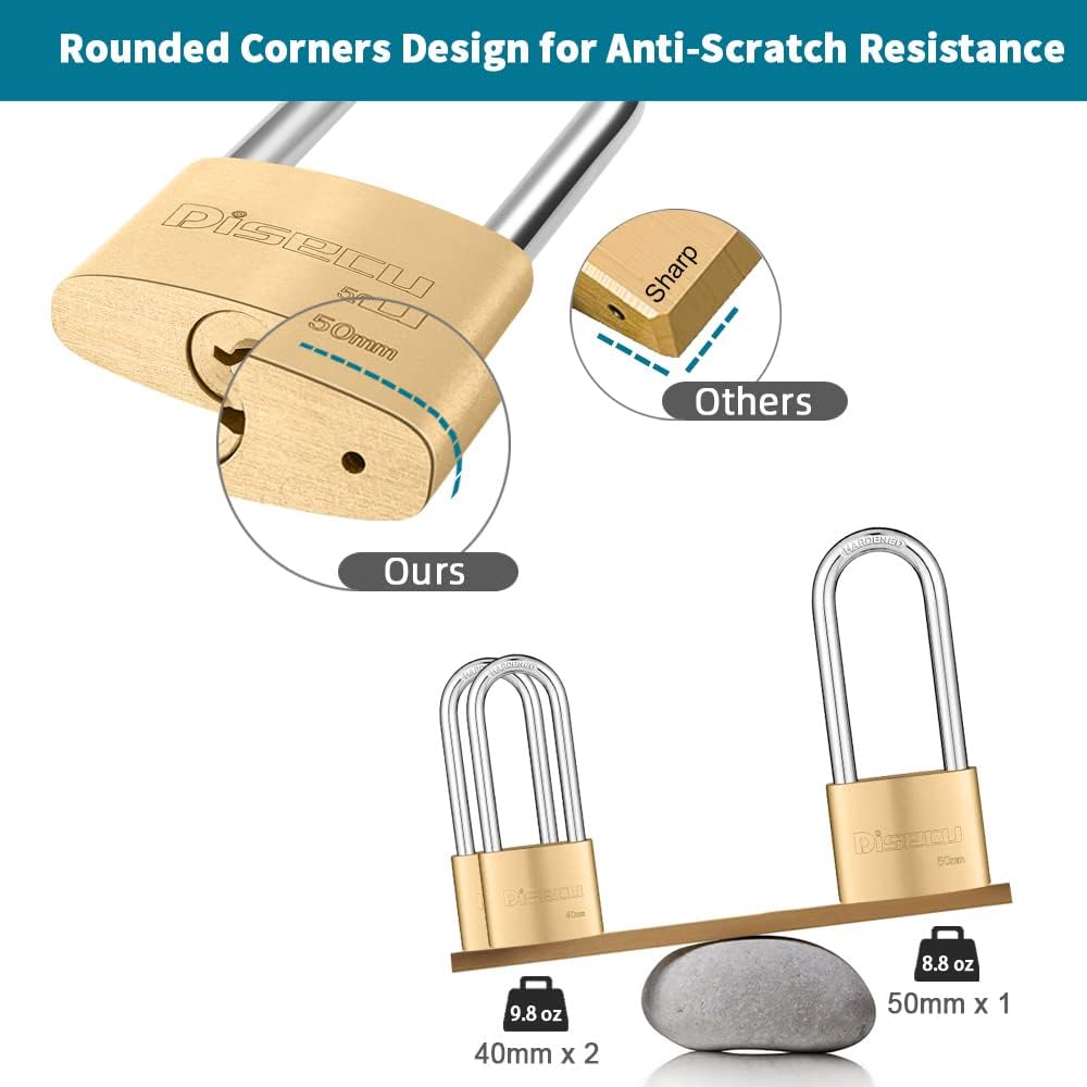 2 Pack of disecu Solid Brass Keyed Padlocks, 1-9/16" Wide Body, 2.5" Long Shackle - Outdoor Waterproof Lock for Shed, Gate, Locker, Fence - Includes Keys