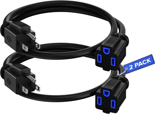 2 Pack of Maximm 1 Ft Extension Cords - Black Indoor Power Cords with 16 Gauge Wire - Heavy Duty ETL Listed - SJTW - Blue Indicators