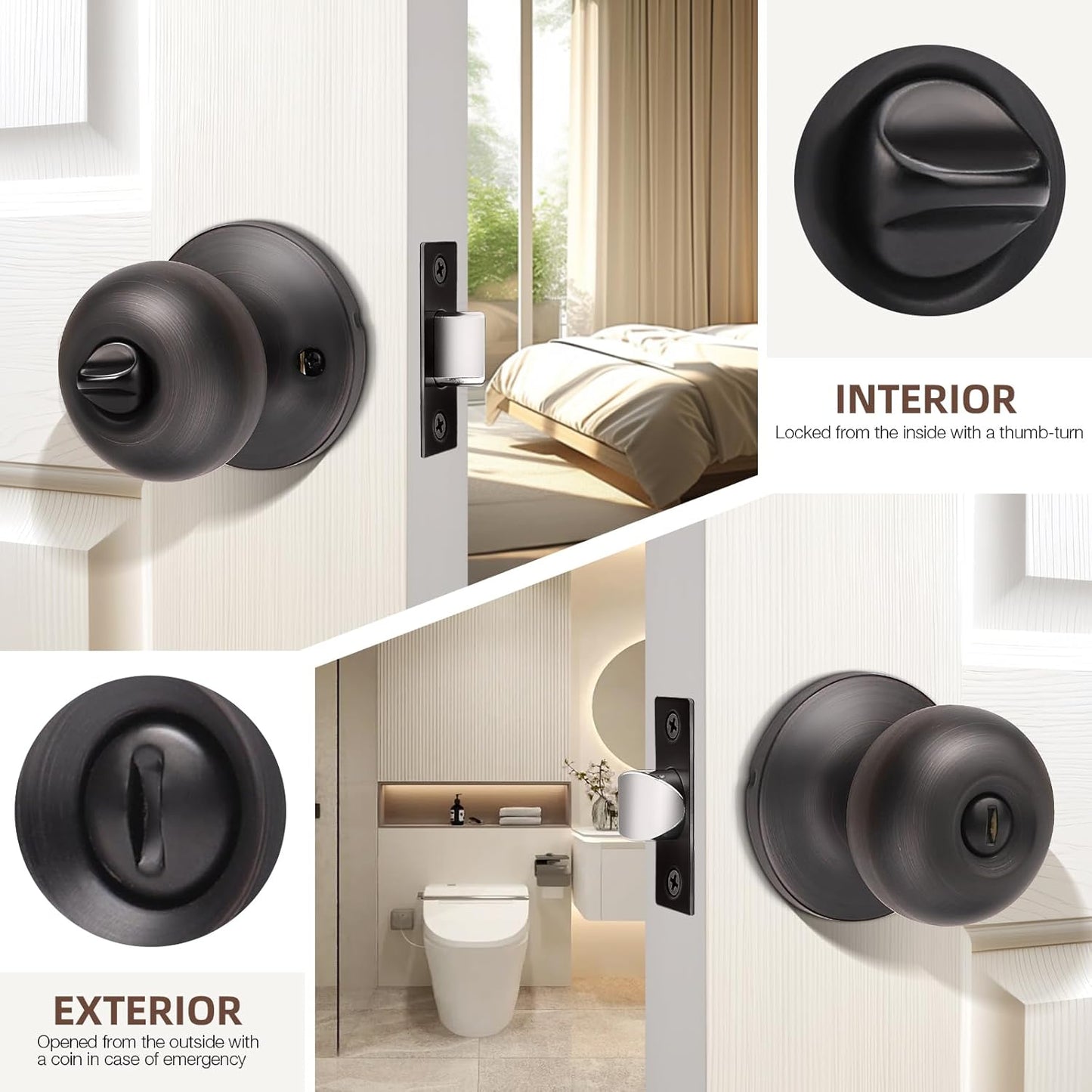 2-Pack Oil Rubbed Bronze Privacy Door Knobs for Bedroom and Bathroom - Interior Keyless Locking Bedroom Door Knob
