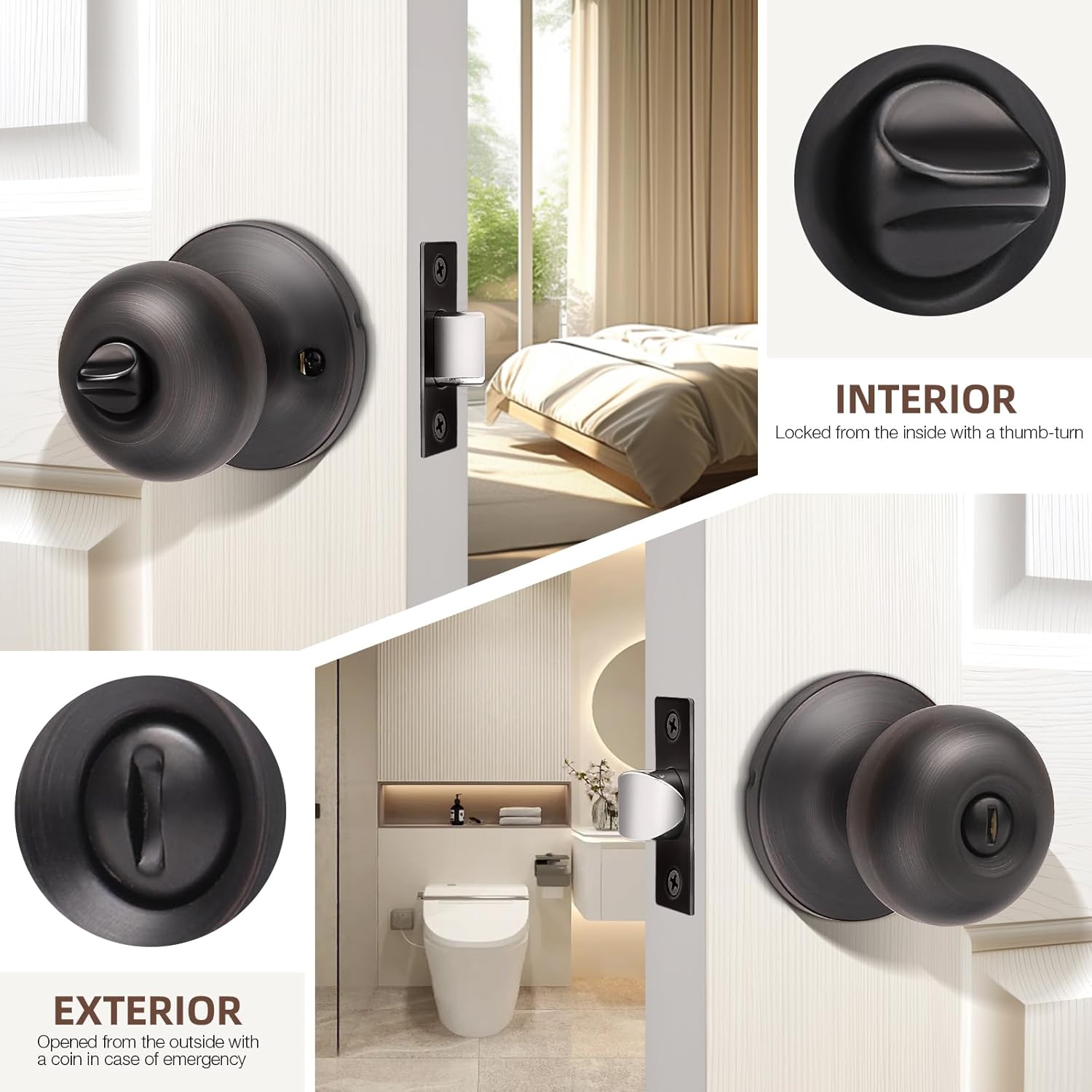 2-Pack Oil Rubbed Bronze Privacy Door Knobs for Bedroom and Bathroom - Interior Keyless Locking Bedroom Door Knob