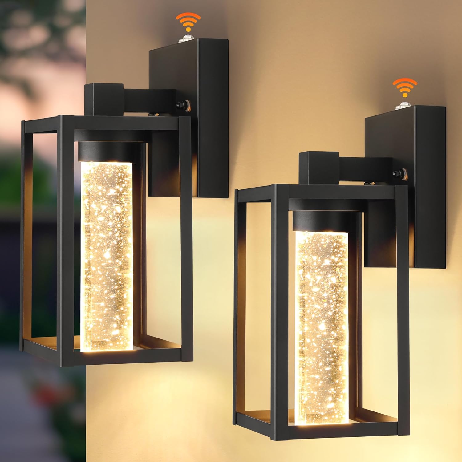 2 Pack Outdoor Wall Lanterns with Crystal Bulbs, Waterproof Exterior Light Fixtures for House, Matte Black Sconces with Tempered Glass Shade