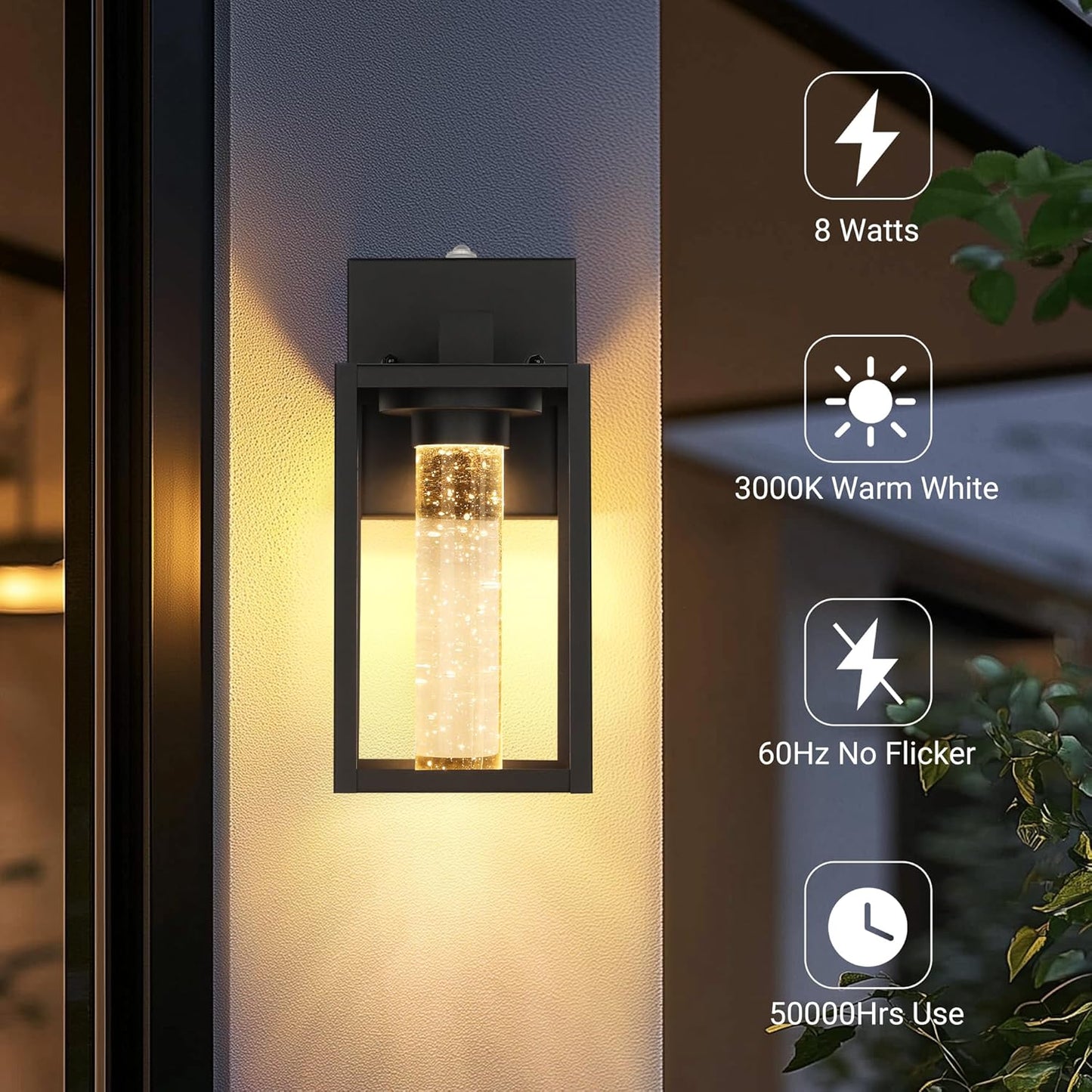 2 Pack Outdoor Wall Lanterns with Crystal Bulbs, Waterproof Exterior Light Fixtures for House, Matte Black Sconces with Tempered Glass Shade