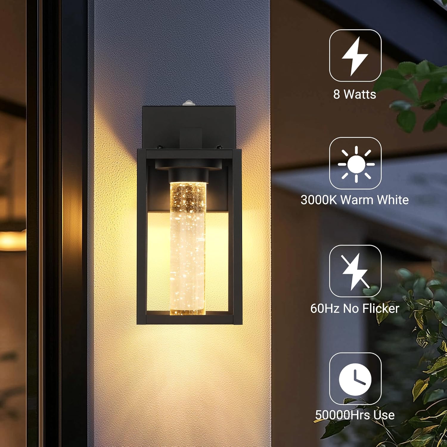 2 Pack Outdoor Wall Lanterns with Crystal Bulbs, Waterproof Exterior Light Fixtures for House, Matte Black Sconces with Tempered Glass Shade