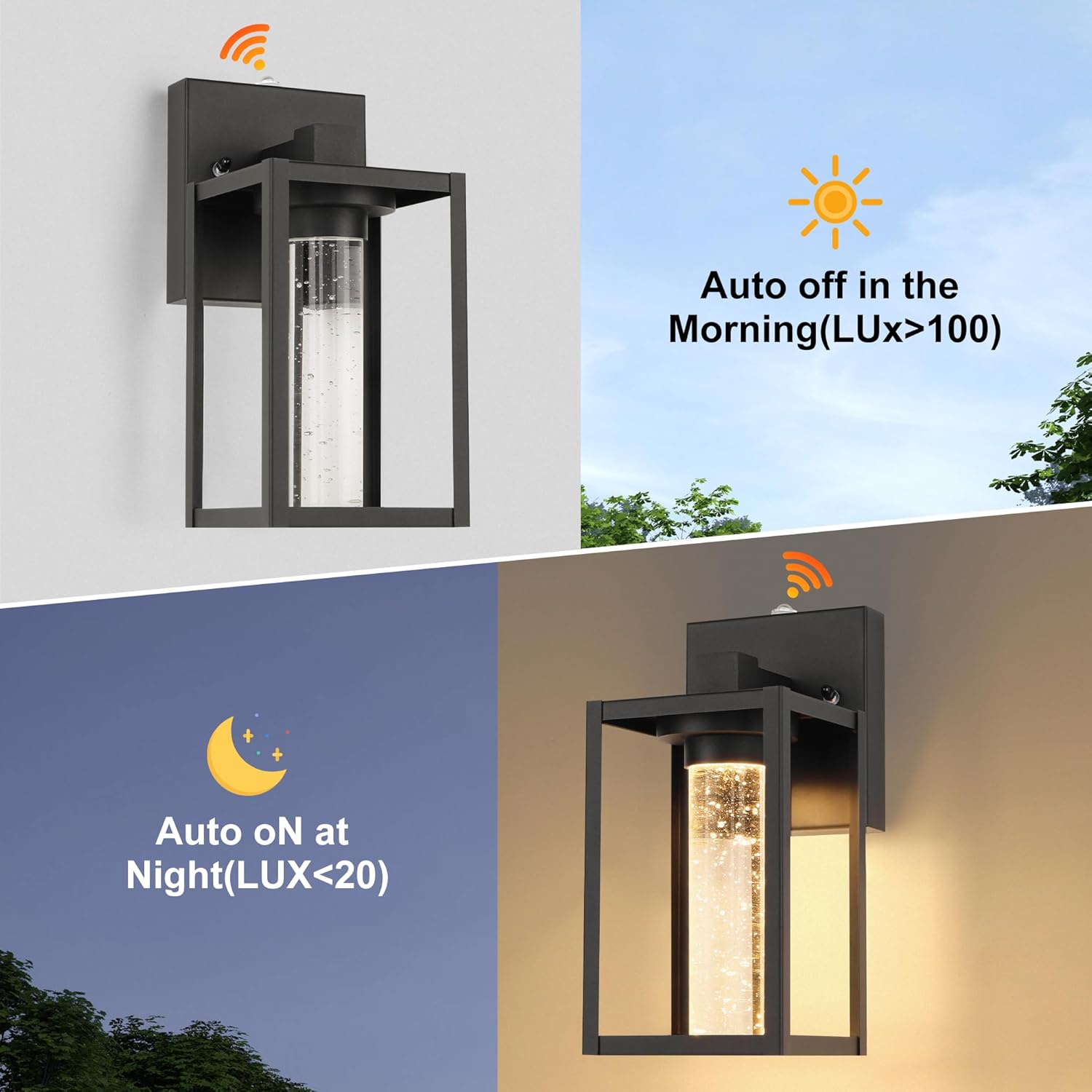 2 Pack Outdoor Wall Lanterns with Crystal Bulbs, Waterproof Exterior Light Fixtures for House, Matte Black Sconces with Tempered Glass Shade