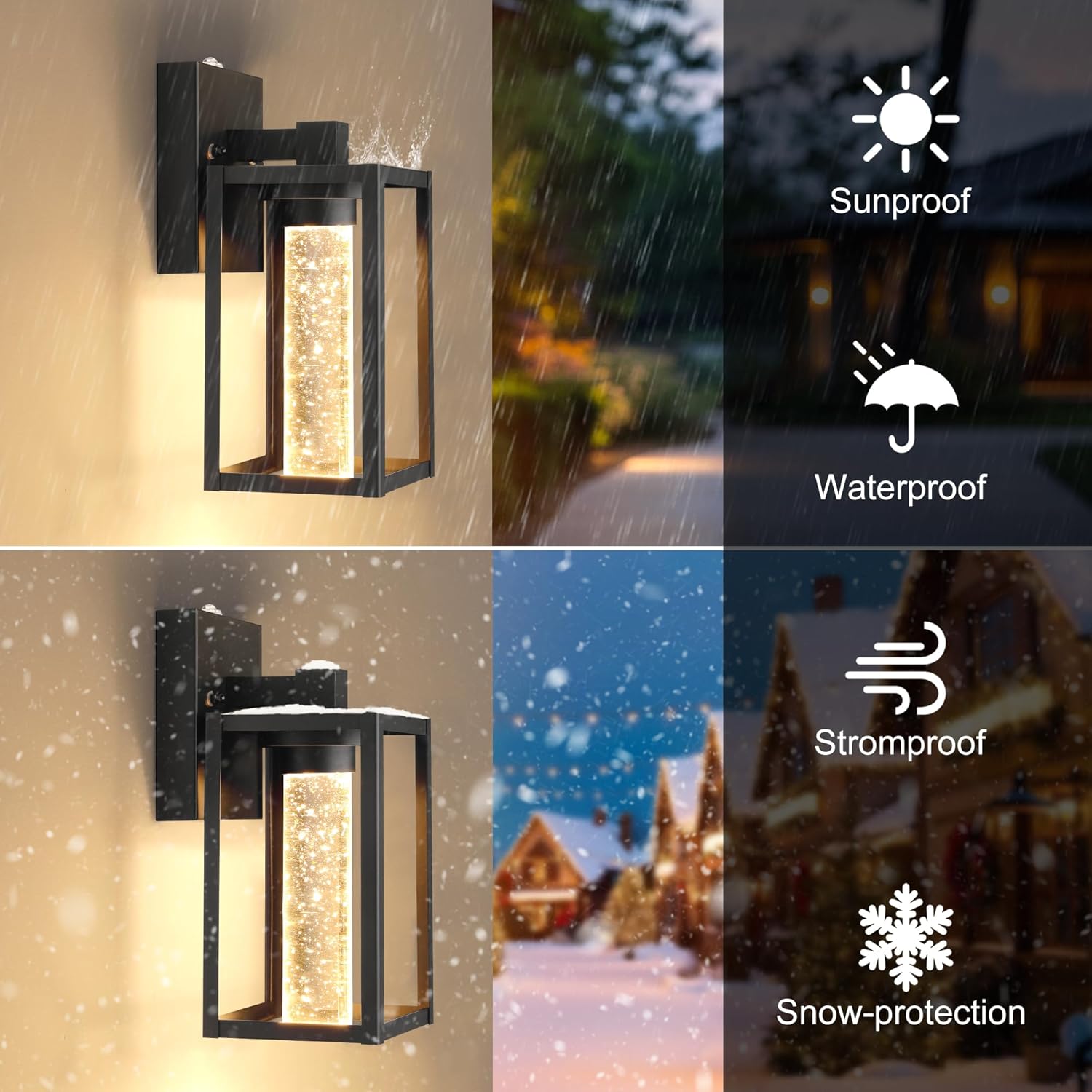2 Pack Outdoor Wall Lanterns with Crystal Bulbs, Waterproof Exterior Light Fixtures for House, Matte Black Sconces with Tempered Glass Shade