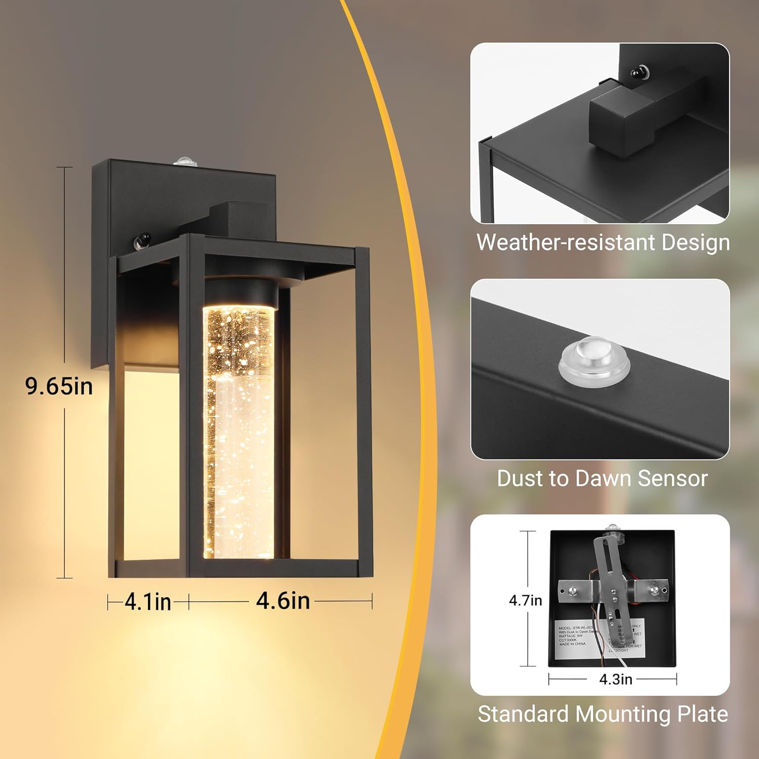 2 Pack Outdoor Wall Lanterns with Crystal Bulbs, Waterproof Exterior Light Fixtures for House, Matte Black Sconces with Tempered Glass Shade