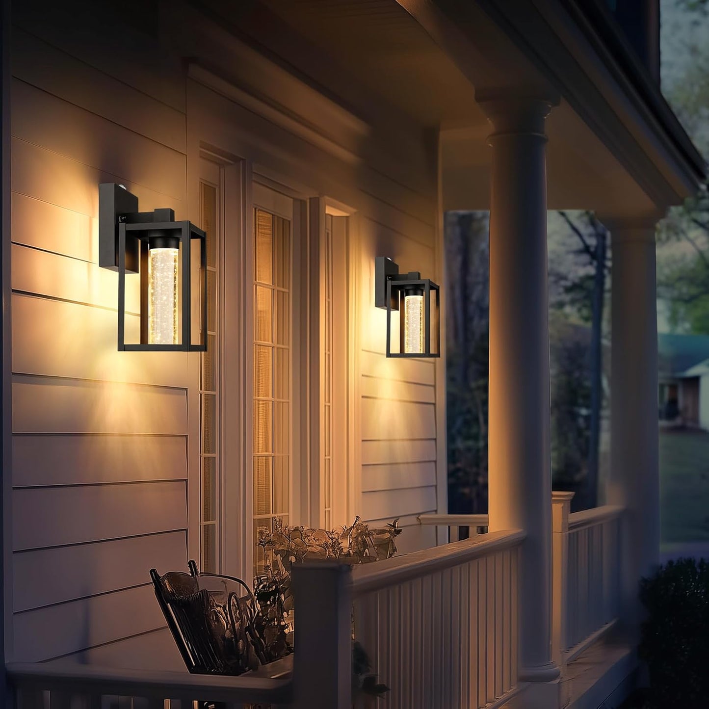 2 Pack Outdoor Wall Lanterns with Crystal Bulbs, Waterproof Exterior Light Fixtures for House, Matte Black Sconces with Tempered Glass Shade