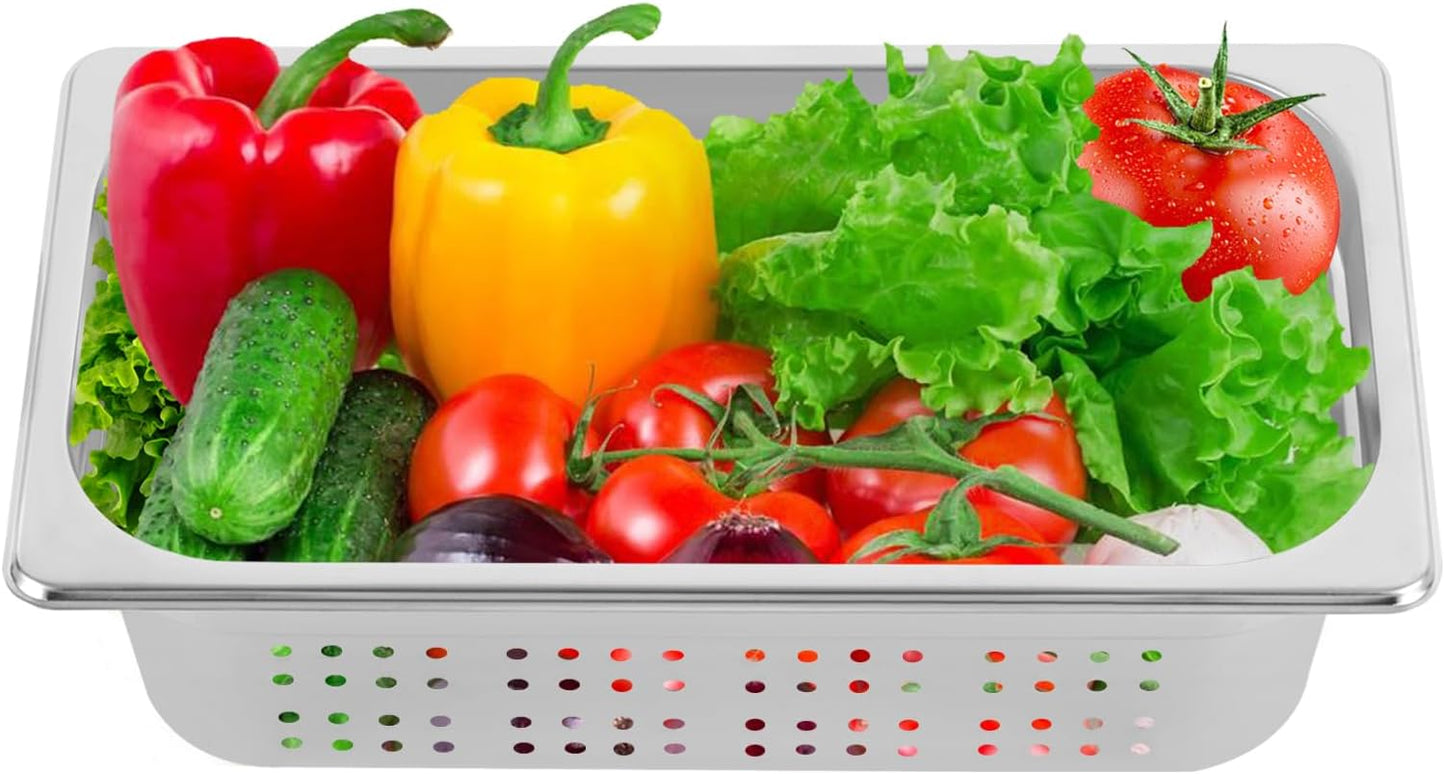 2 Pack Perforated Stainless Steel Steam Pans 1/3 Size - 4 Inch Deep Hotel Pan for Steaming, Washing Fruits & Vegetables - Easy to Clean - Silver