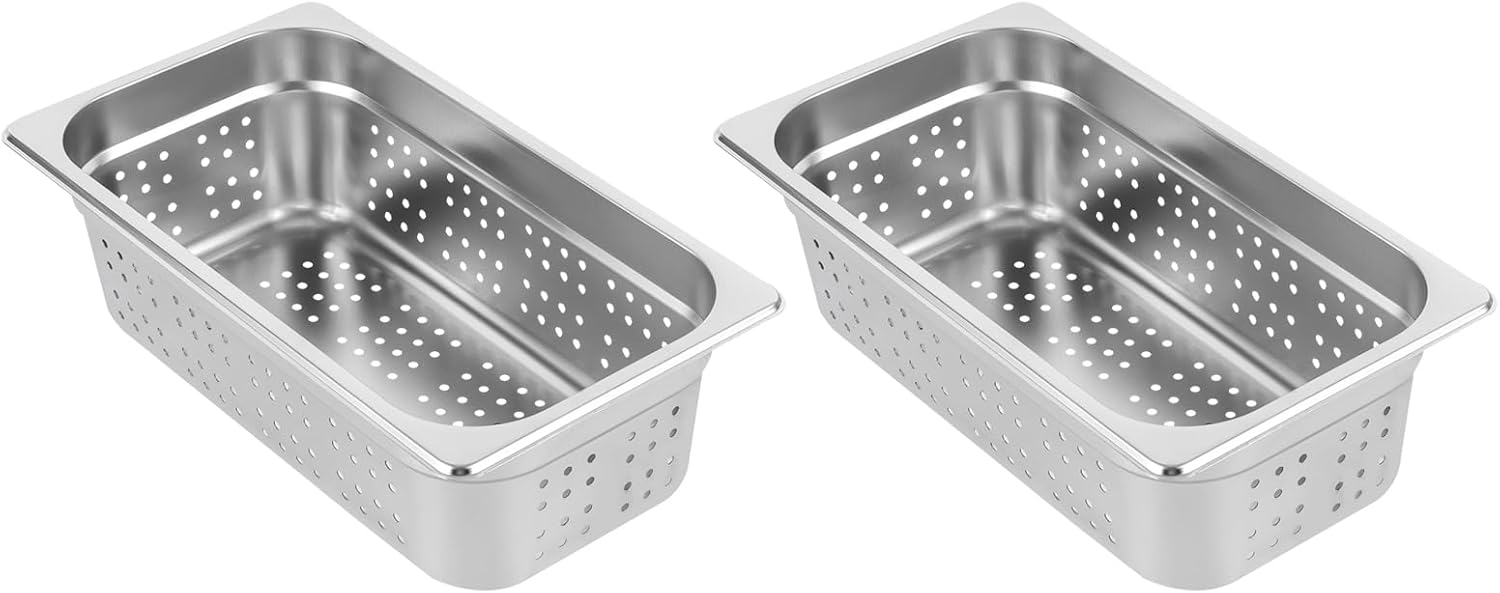 2 Pack Perforated Stainless Steel Steam Pans 1/3 Size - 4 Inch Deep Hotel Pan for Steaming, Washing Fruits & Vegetables - Easy to Clean - Silver