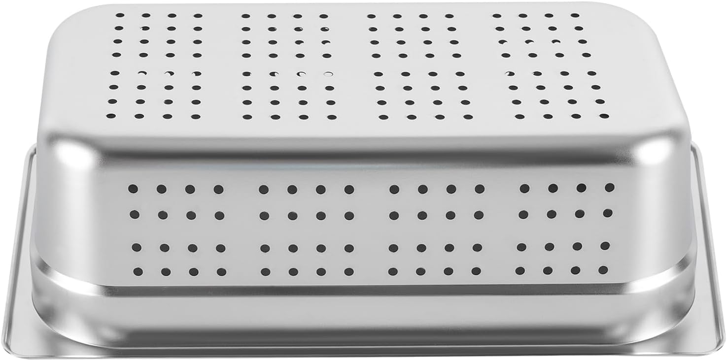2 Pack Perforated Stainless Steel Steam Pans 1/3 Size - 4 Inch Deep Hotel Pan for Steaming, Washing Fruits & Vegetables - Easy to Clean - Silver