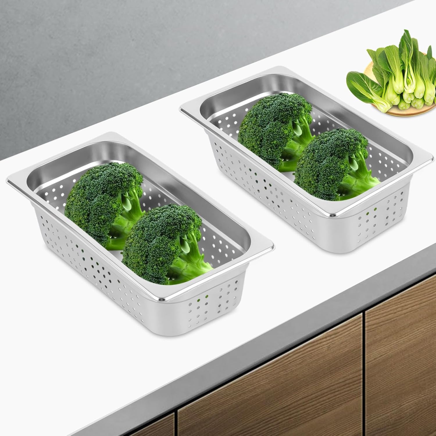 2 Pack Perforated Stainless Steel Steam Pans 1/3 Size - 4 Inch Deep Hotel Pan for Steaming, Washing Fruits & Vegetables - Easy to Clean - Silver