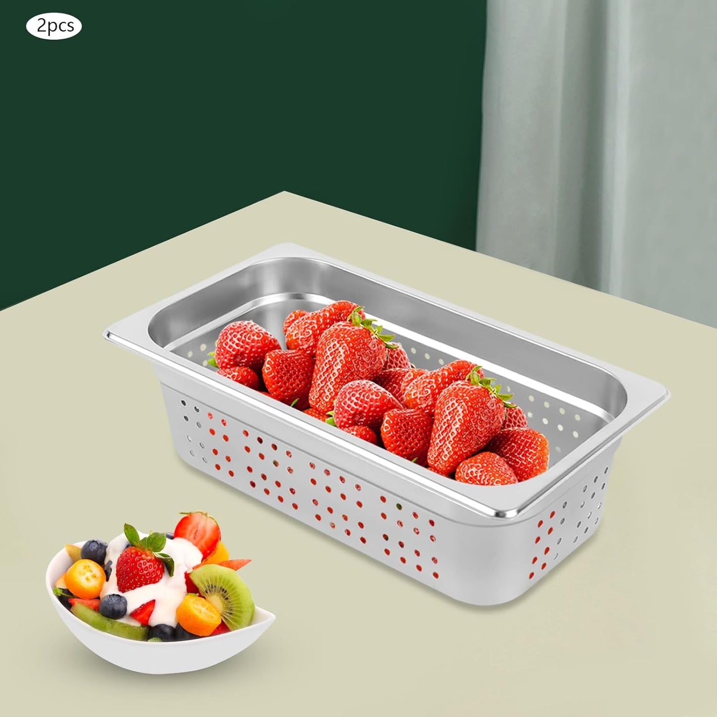 2 Pack Perforated Stainless Steel Steam Pans 1/3 Size - 4 Inch Deep Hotel Pan for Steaming, Washing Fruits & Vegetables - Easy to Clean - Silver