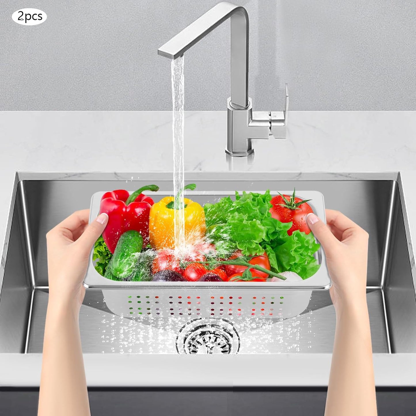 2 Pack Perforated Stainless Steel Steam Pans 1/3 Size - 4 Inch Deep Hotel Pan for Steaming, Washing Fruits & Vegetables - Easy to Clean - Silver