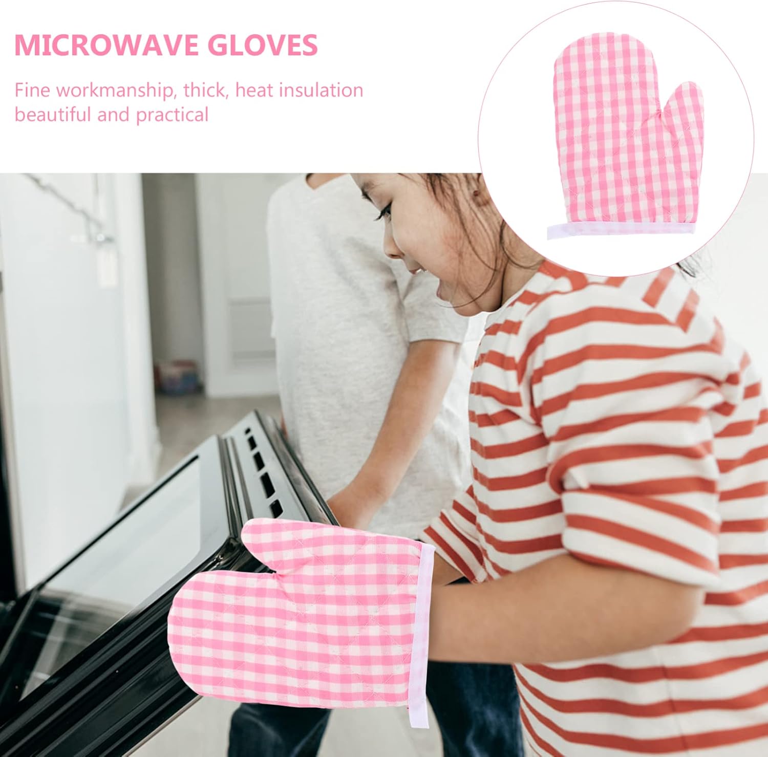 2-Pack Pink Checkered Oven Mitts for Play Kitchen, Heat Resistant Gloves for Safe Baking and Cooking in Microwave