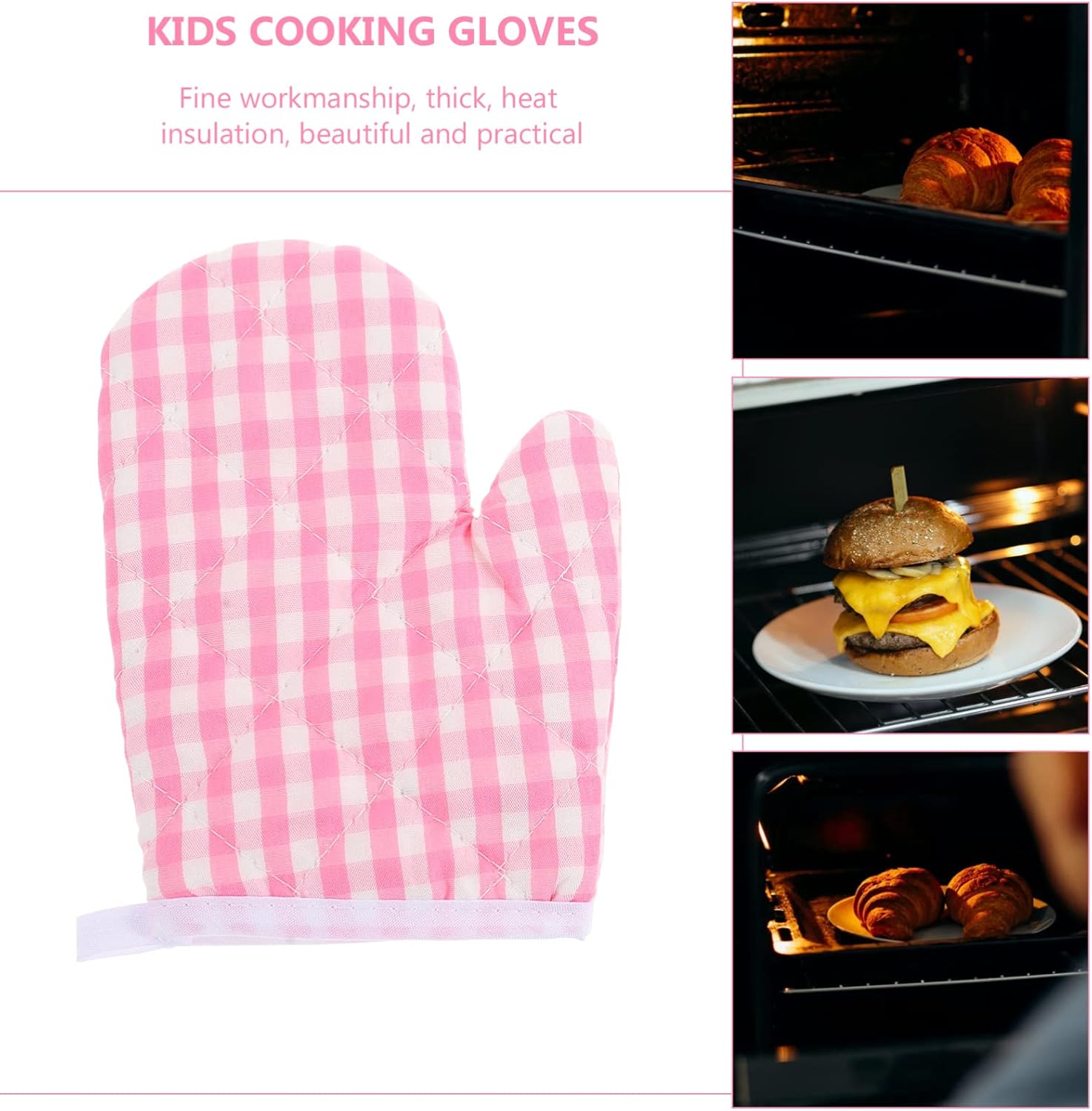 2-Pack Pink Checkered Oven Mitts for Play Kitchen, Heat Resistant Gloves for Safe Baking and Cooking in Microwave
