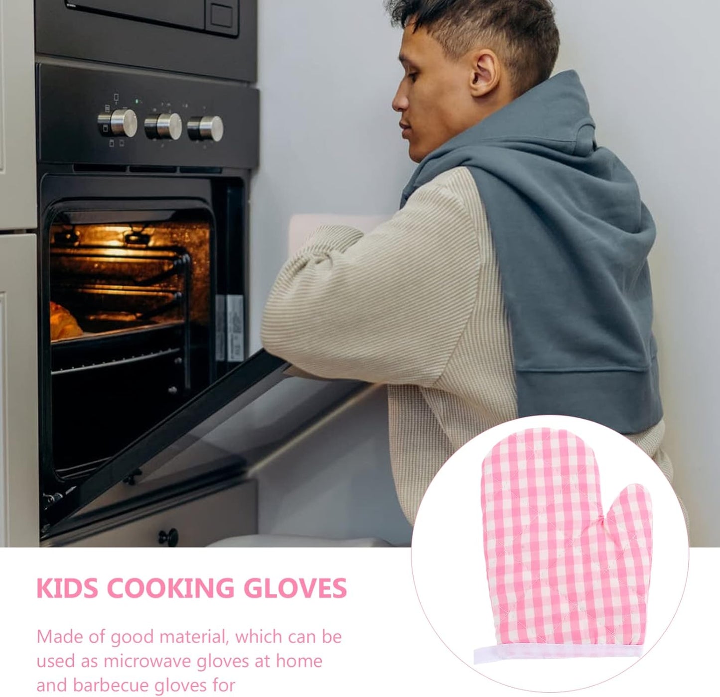 2-Pack Pink Checkered Oven Mitts for Play Kitchen, Heat Resistant Gloves for Safe Baking and Cooking in Microwave