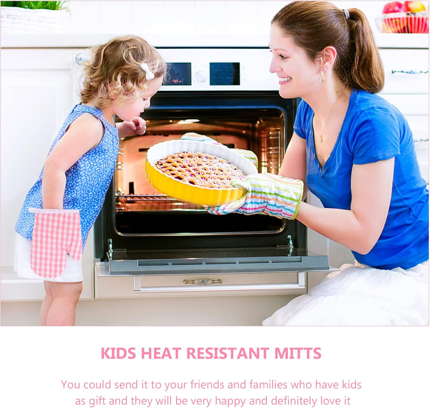 2-Pack Pink Checkered Oven Mitts for Play Kitchen, Heat Resistant Gloves for Safe Baking and Cooking in Microwave