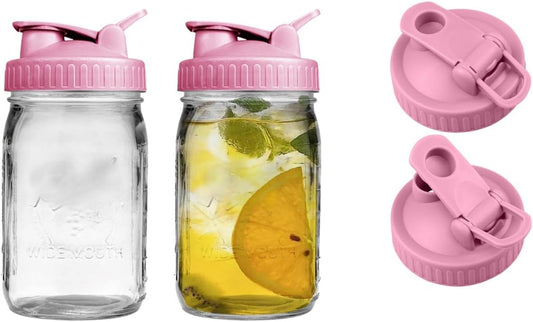 2 Pack Pink Wide Mouth Flip Cap Mason Jar Lids - Airtight, Leak-Proof, Convenient Pouring Spout