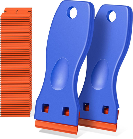 2-Pack Plastic Razor Blade Scraper with 120 Razor Blades - Ideal for Removing Glue, Stickers, Decals, and Tint from Car Windows and Glass - Blue