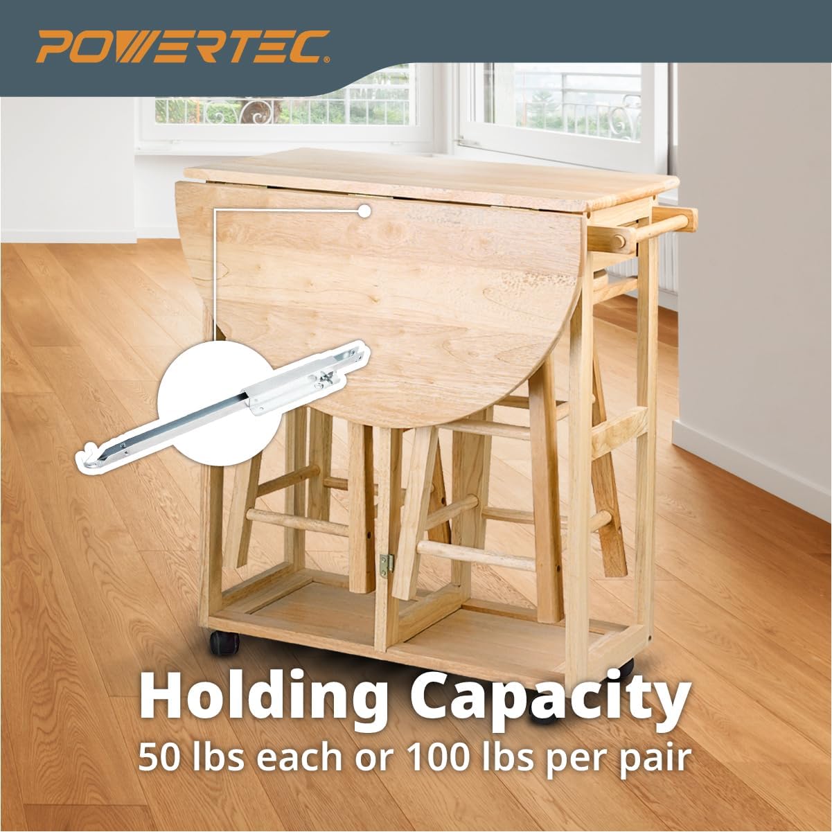 2-Pack POWERTEC Metal Drop Leaf Table Supports for Folding Kitchen/Dining Table - Sliding Hardware Brackets for RV Table - Model 71426