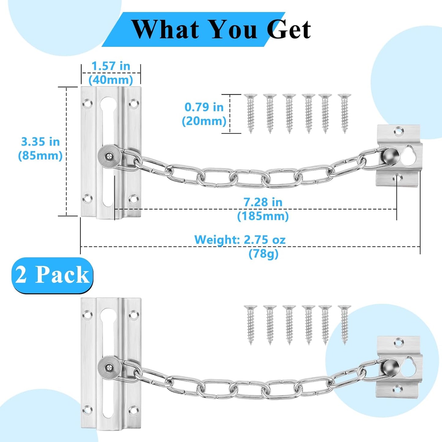 2 Pack Premium Stainless Steel Door Chain Locks with Thickened Design and 12 Screws for Interior Doors