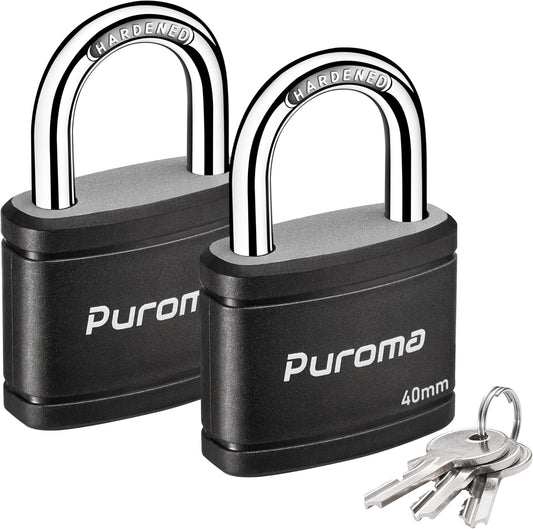 2 Pack Puroma 40mm Heavy-Duty Keyed Padlock Set with 3 Keys - Ideal for Gate, Fence, Cabinet, School Gym Locker - Black - WildKart