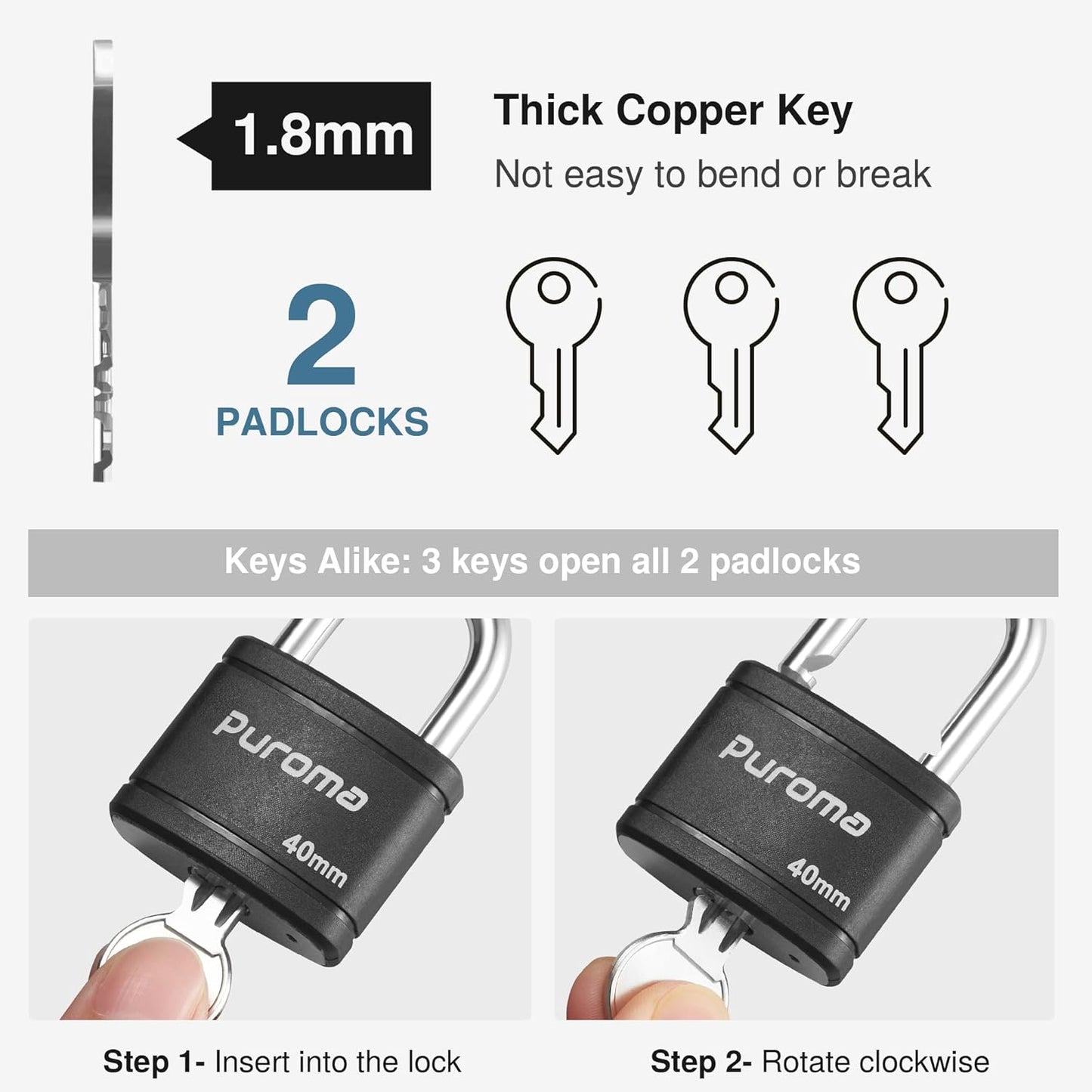 2 Pack Puroma 40mm Heavy-Duty Keyed Padlock Set with 3 Keys - Ideal for Gate, Fence, Cabinet, School Gym Locker - Black - WildKart