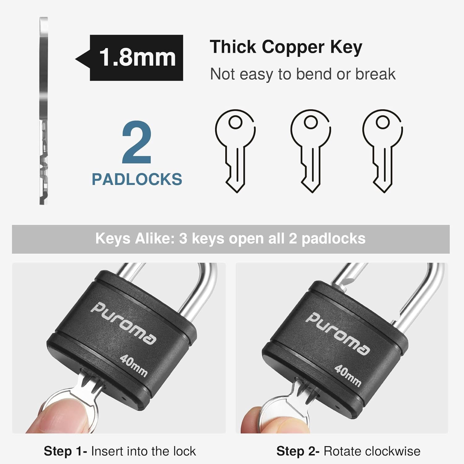 2 Pack Puroma 40mm Heavy-Duty Keyed Padlock Set with 3 Keys - Ideal for Gate, Fence, Cabinet, School Gym Locker - Black - WildKart