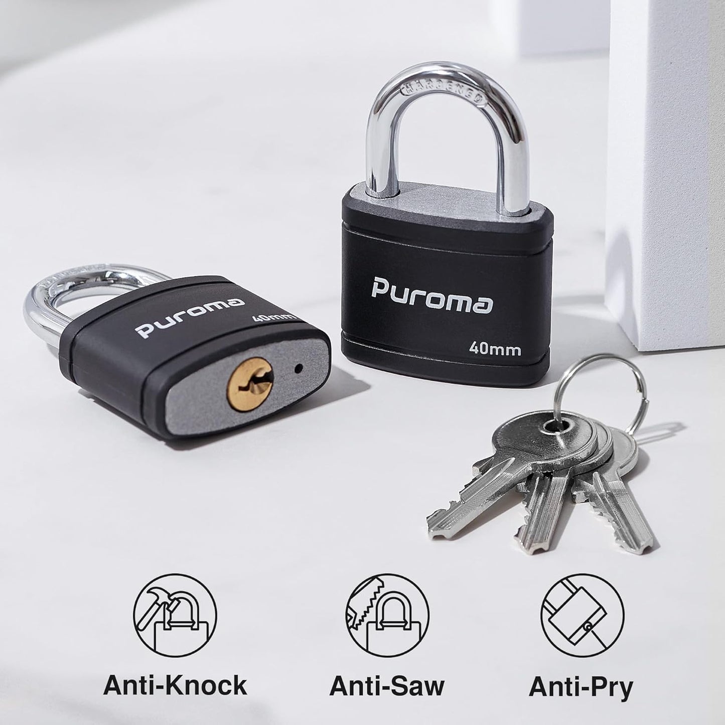 2 Pack Puroma 40mm Heavy-Duty Keyed Padlock Set with 3 Keys - Ideal for Gate, Fence, Cabinet, School Gym Locker - Black - WildKart