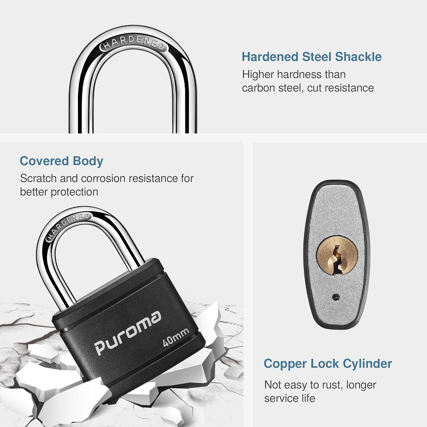 2 Pack Puroma 40mm Heavy-Duty Keyed Padlock Set with 3 Keys - Ideal for Gate, Fence, Cabinet, School Gym Locker - Black - WildKart