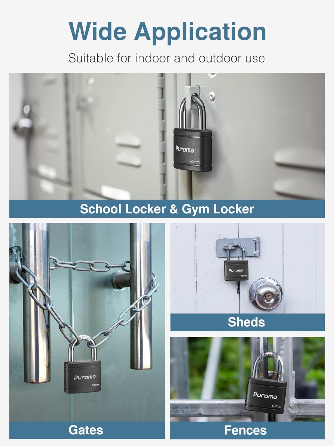 2 Pack Puroma 40mm Heavy-Duty Keyed Padlock Set with 3 Keys - Ideal for Gate, Fence, Cabinet, School Gym Locker - Black - WildKart