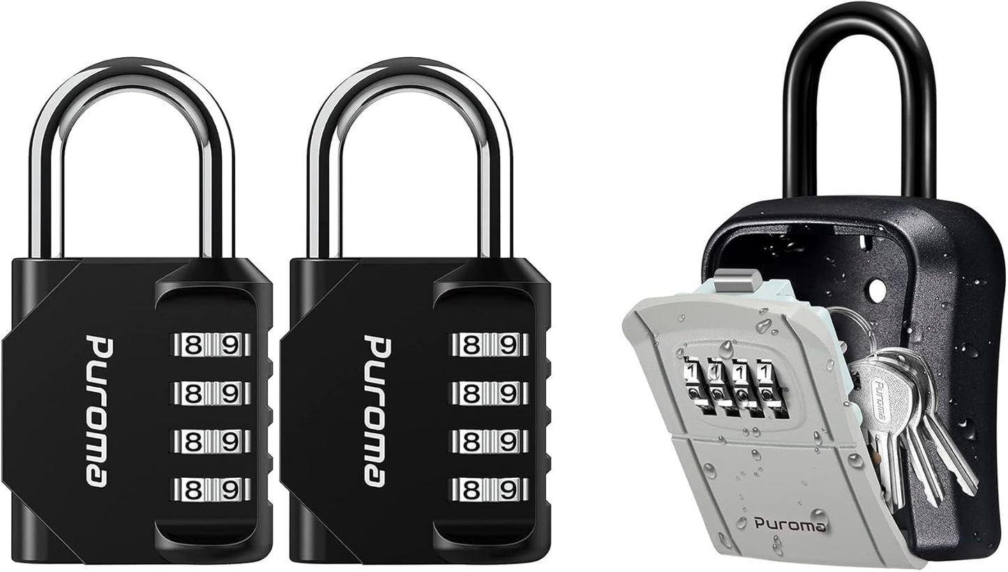 2 Pack Puroma Combination Lock 4 Digit Padlock & Key Lock Box Set - Outdoor Waterproof & Portable Wall-Mounted Storage Box