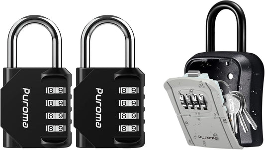 2 Pack Puroma Combination Lock 4 Digit Padlock & Key Lock Box Set - Outdoor Waterproof & Portable Wall-Mounted Storage Box