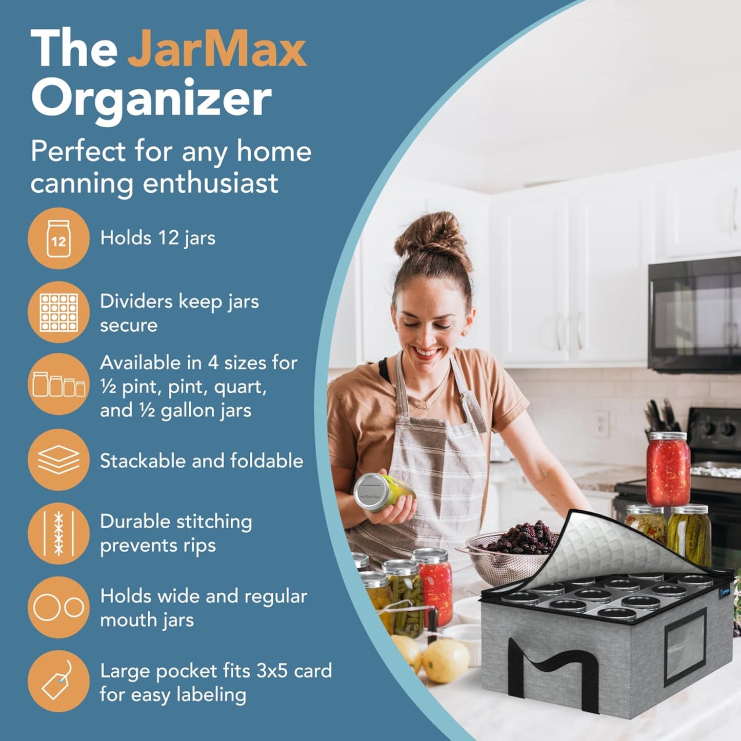 2-Pack Quart Mason Jar Organizer - Sturdy Storage Bag for Canning Jars - Holds 12 Quart Size Mason Jars - Foldable & Stackable with Handles, Dividers, and Label Holder