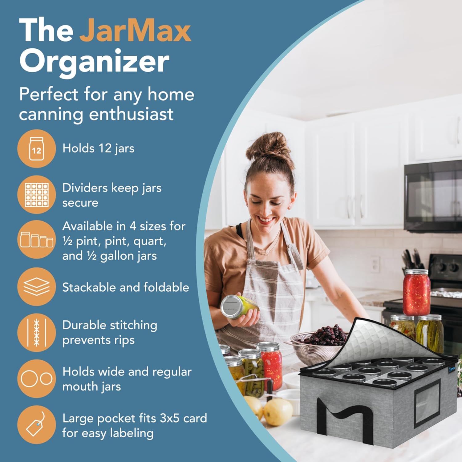 2-Pack Quart Mason Jar Organizer - Sturdy Storage Bag for Canning Jars - Holds 12 Quart Size Mason Jars - Foldable & Stackable with Handles, Dividers, and Label Holder