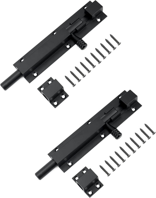 2 Pack QWORK 6" Black Slide Door Bolt Latch - Stainless Steel Heavy Duty Thickened Barrel Bolt with Padlock Hole - Solid Gate Lock Security Guard - Interior Door Latches