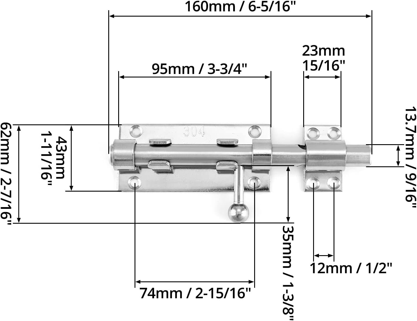 2 Pack QWORK Sliding Bolt Gate Latch, Heavy Duty 6.3" Stainless Steel Lock with Padlock Hole for Interior Doors - Brushed Finish