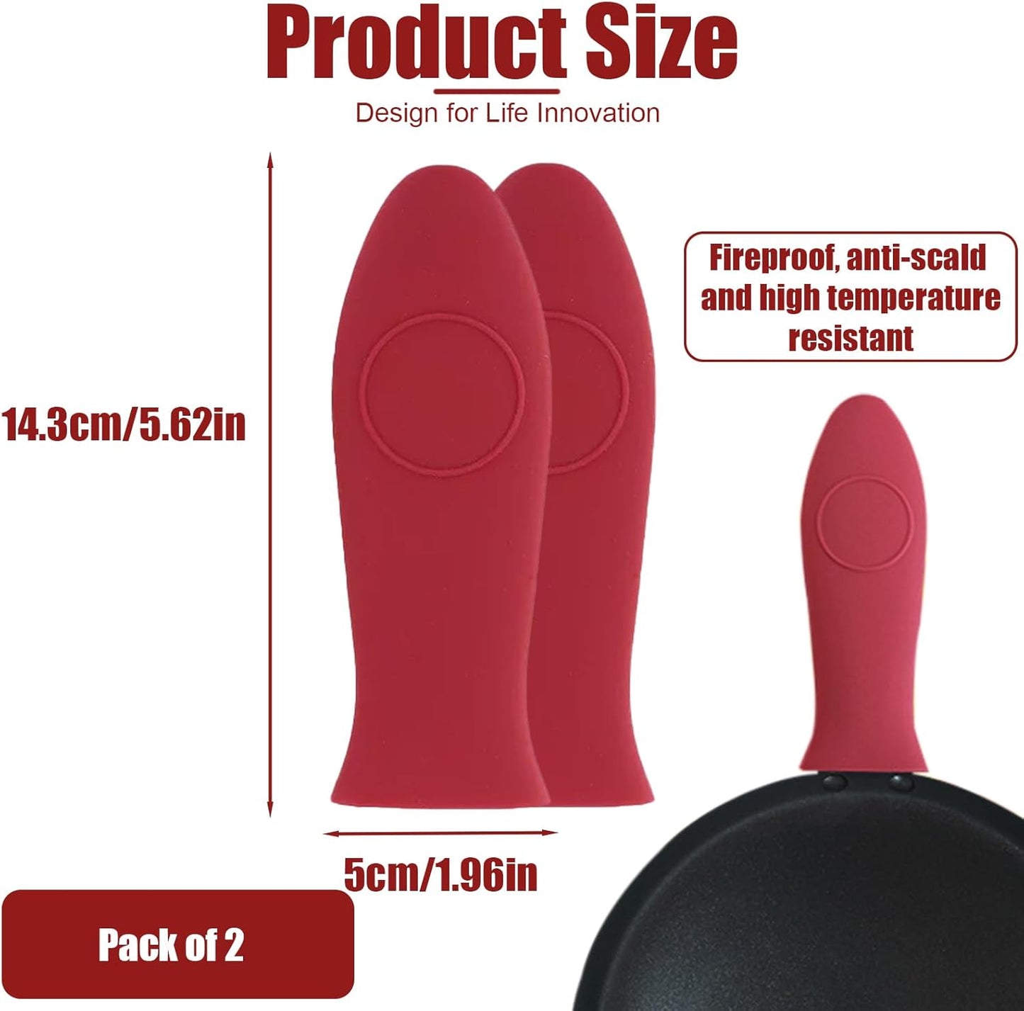 2 Pack Red Silicone Pan Handle Sleeves - Heat Resistant Skillet Handle Covers for Pots and Pans - Assist Handle Holder for Frying Griddles & Cookware